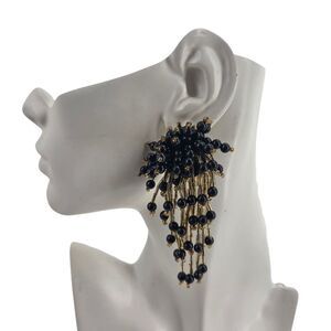Vintage Black & Gold Beaded Fringe Statement Clip On Earrings